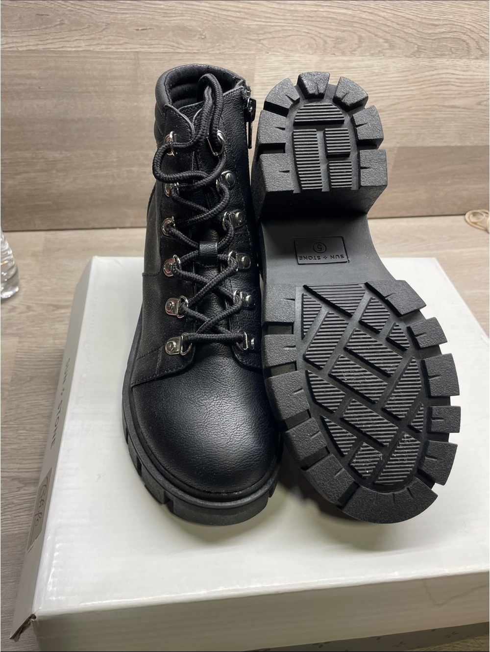 Sun + Stone Black Lace-Up Lug Sole Combat Boots #104